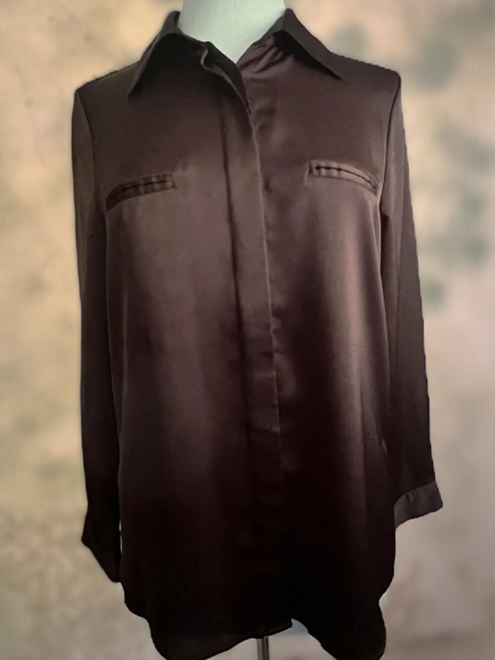 Black Satin Long Sleeve Tunic Blouse – Hidden Button Front - Size Small